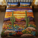 Desert Sunset Cactus quilted bedspread set – cacti before a purple and gold desert sunset