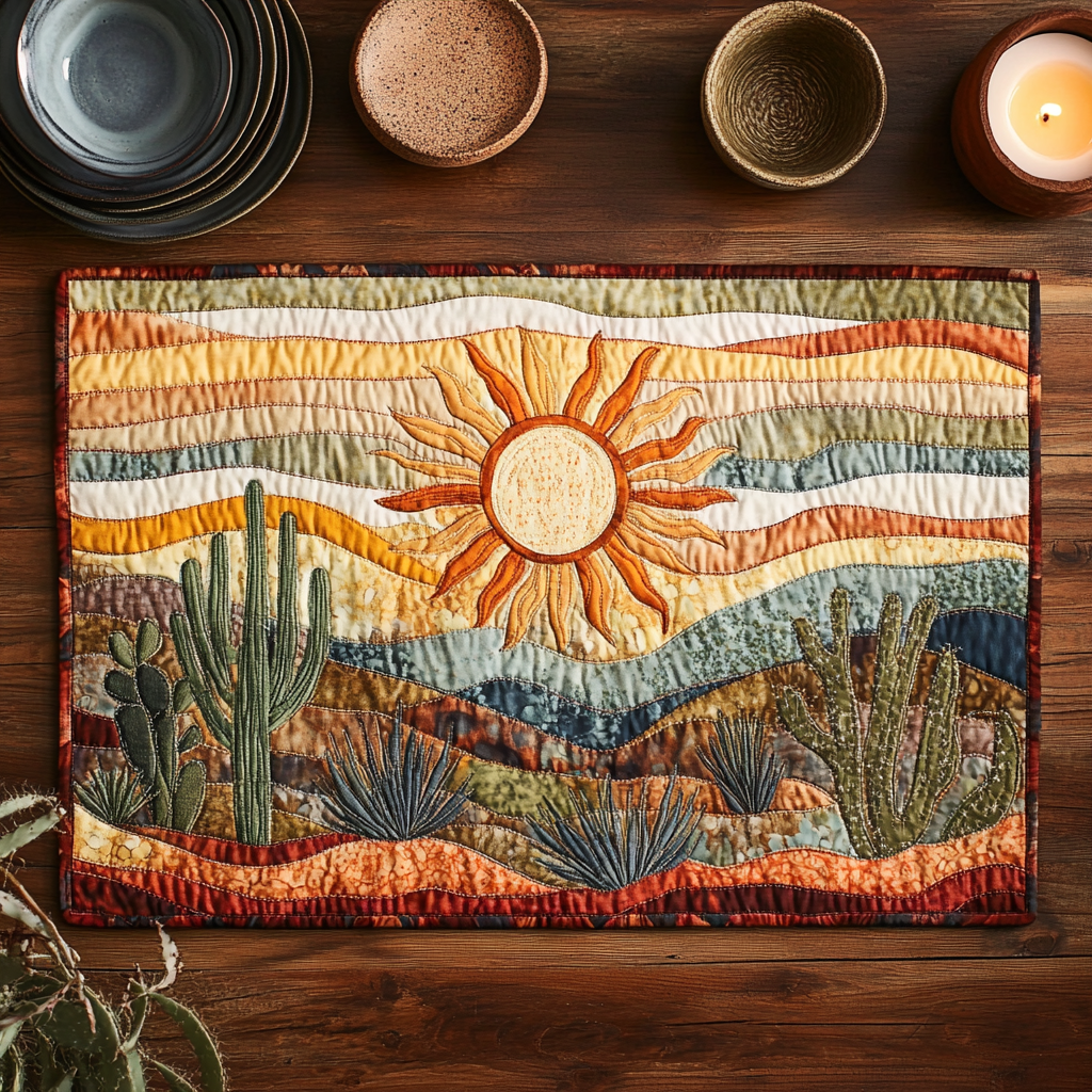 Saguaro Sunset quilted placemats – desert sunset scene