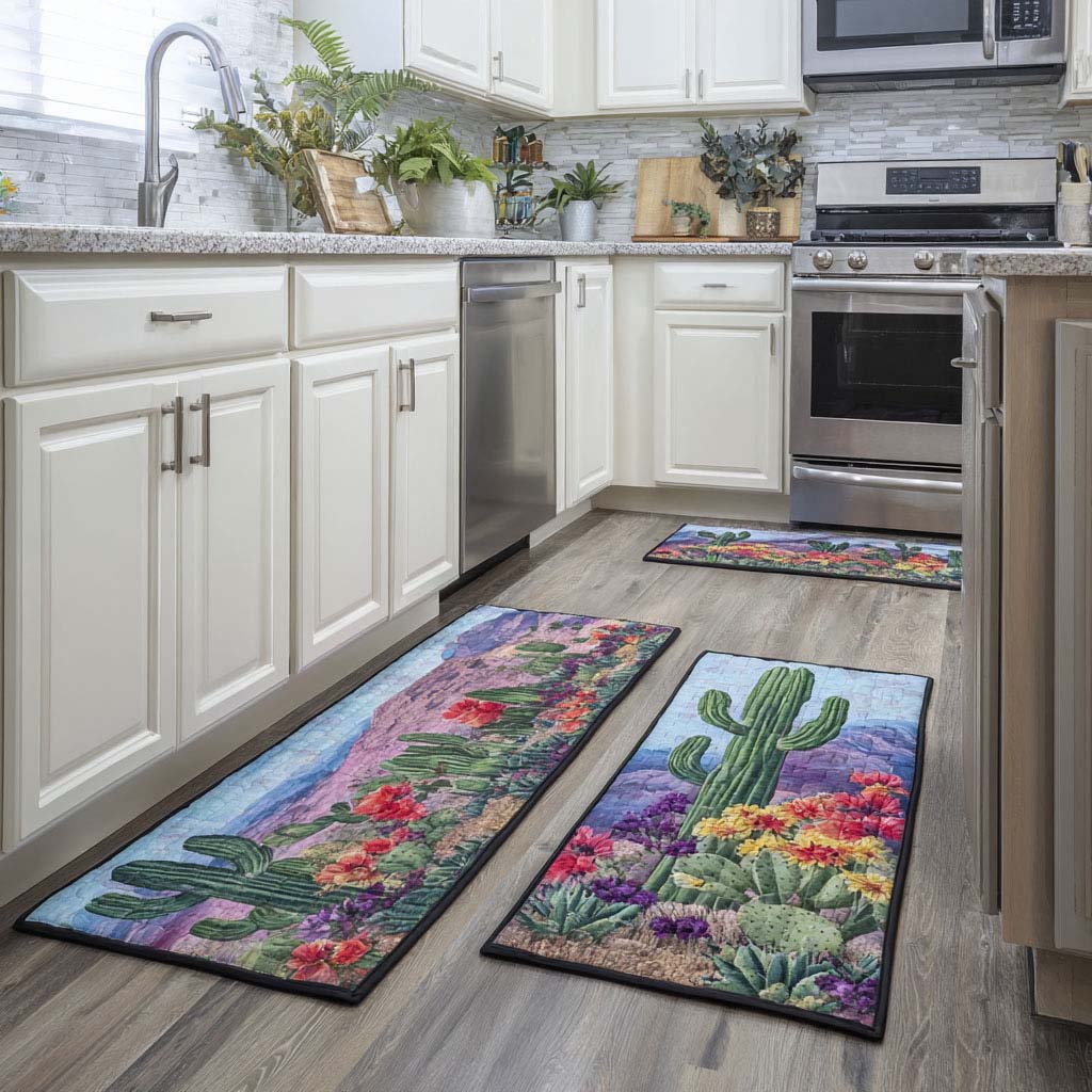 Cactus Valley kitchen mat set – cacti and purple flowers