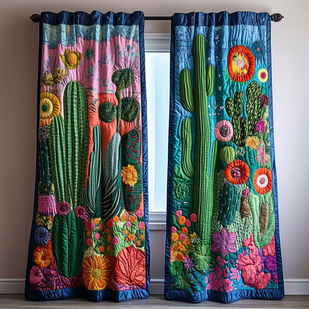 Cactus Bloom Valley quilted curtains – cacti and flowers on pink and blue