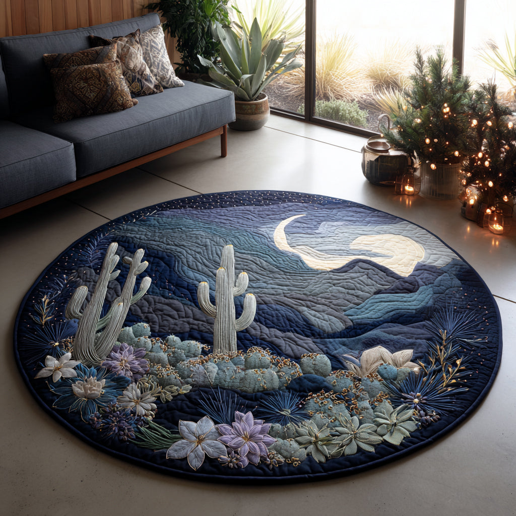 Cactus Whisper round quilted mat – cacti under the moon