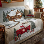 Red Truck Cabin quilted sofa cover – red truck by a snowy log cabin