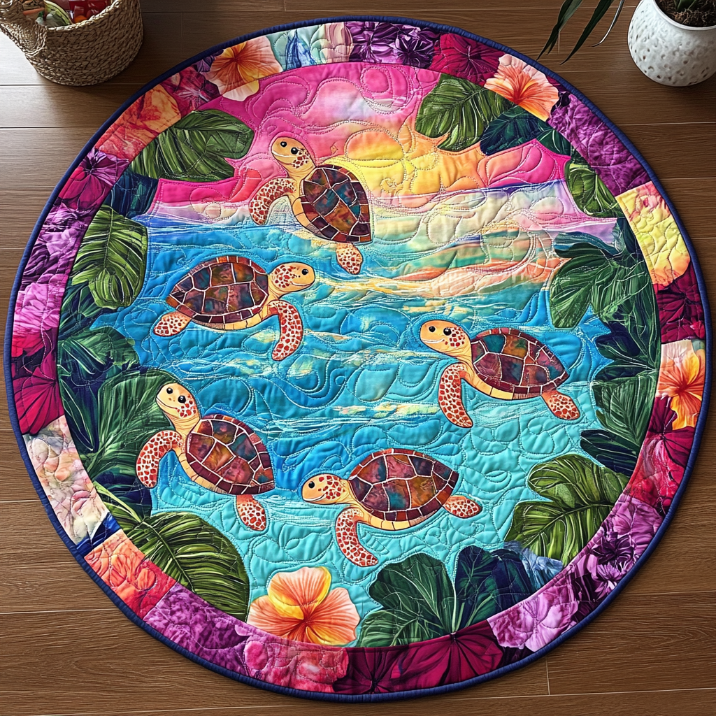 Calm Coastline round quilted mat – turtles at sunset