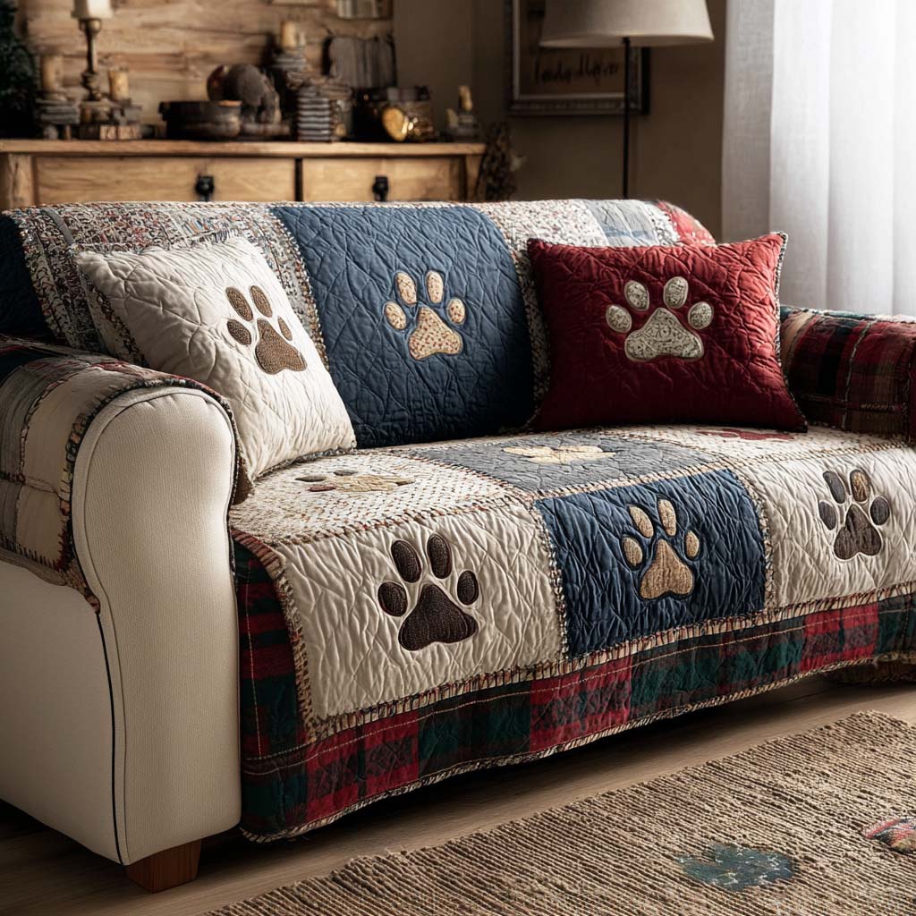 Navy Paw Patchwork quilted sofa cover – paw prints in navy and red patchwork
