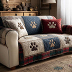 Navy Paw Patchwork quilted sofa cover – paw prints in navy and red patchwork