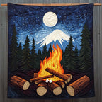 Mountain Campfire quilted throw – campfire beneath a snowy peak and full moon
