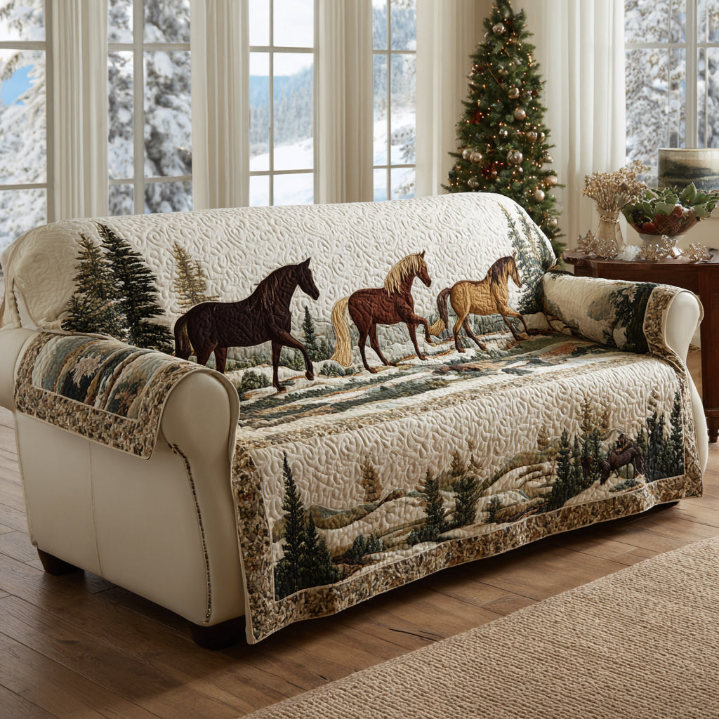 Winter Horses quilted sofa cover – horses galloping through snowy pines