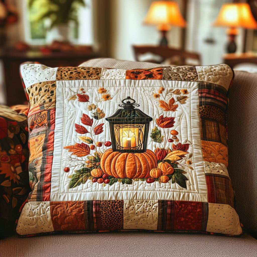 Autumn Lantern quilted pillowcase – glowing lantern on a pumpkin with patchwork