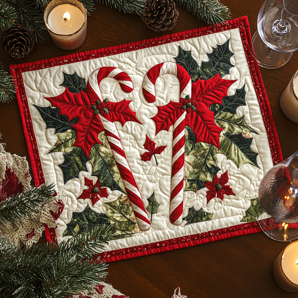 Candy Cane Bliss quilted placemats – candy canes and holly