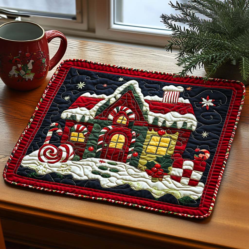 Gingerbread Cabin quilted placemats – snowy candy cabin