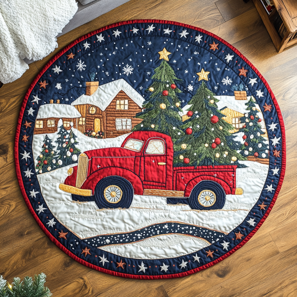 Candy Cane Lane Truck round quilted mat – red Christmas truck