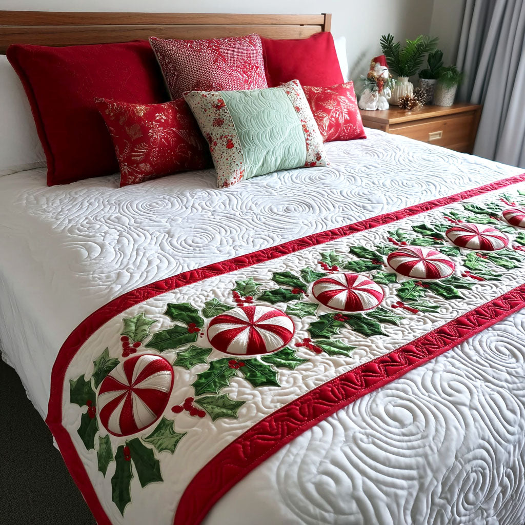 Peppermint Garland quilted bed runner – peppermint sweets and holly garland
