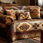 Canyon Geometry quilted sofa cover with stepped diamond medallions in caramel, chocolate, cream and rust