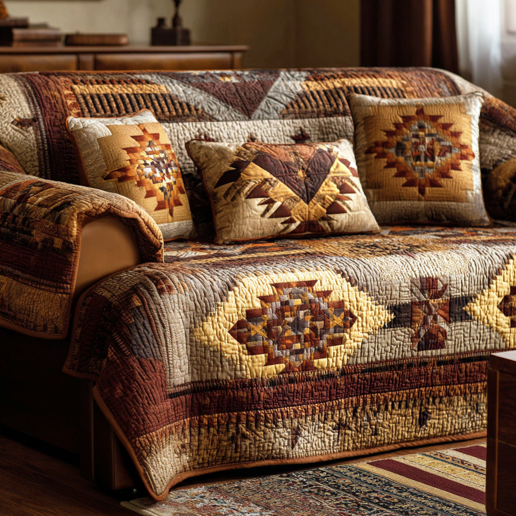 Canyon Geometry quilted sofa cover with stepped diamond medallions in caramel, chocolate, cream and rust
