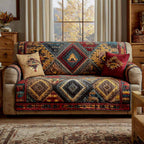 Harvest Diamonds quilted sofa cover – multicoloured patchwork diamonds