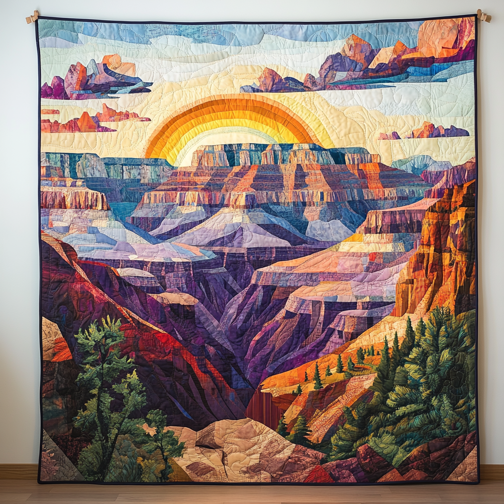 Rainbow Canyon art quilt – rainbow over a canyon