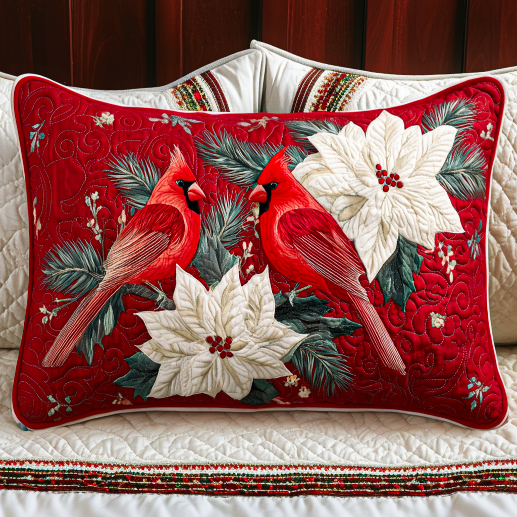 Cardinals and White Poinsettias quilted pillowcase – red cardinals among white poinsettias