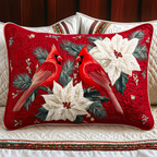 Cardinals and White Poinsettias quilted pillowcase – red cardinals among white poinsettias