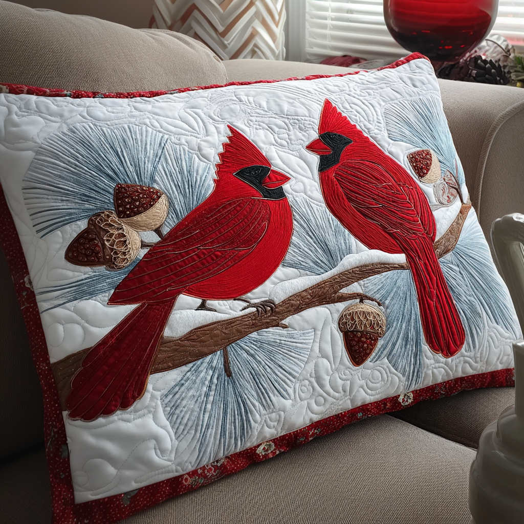 Cardinals on a Snowy Branch quilted pillowcase – red cardinals on a snowy branch