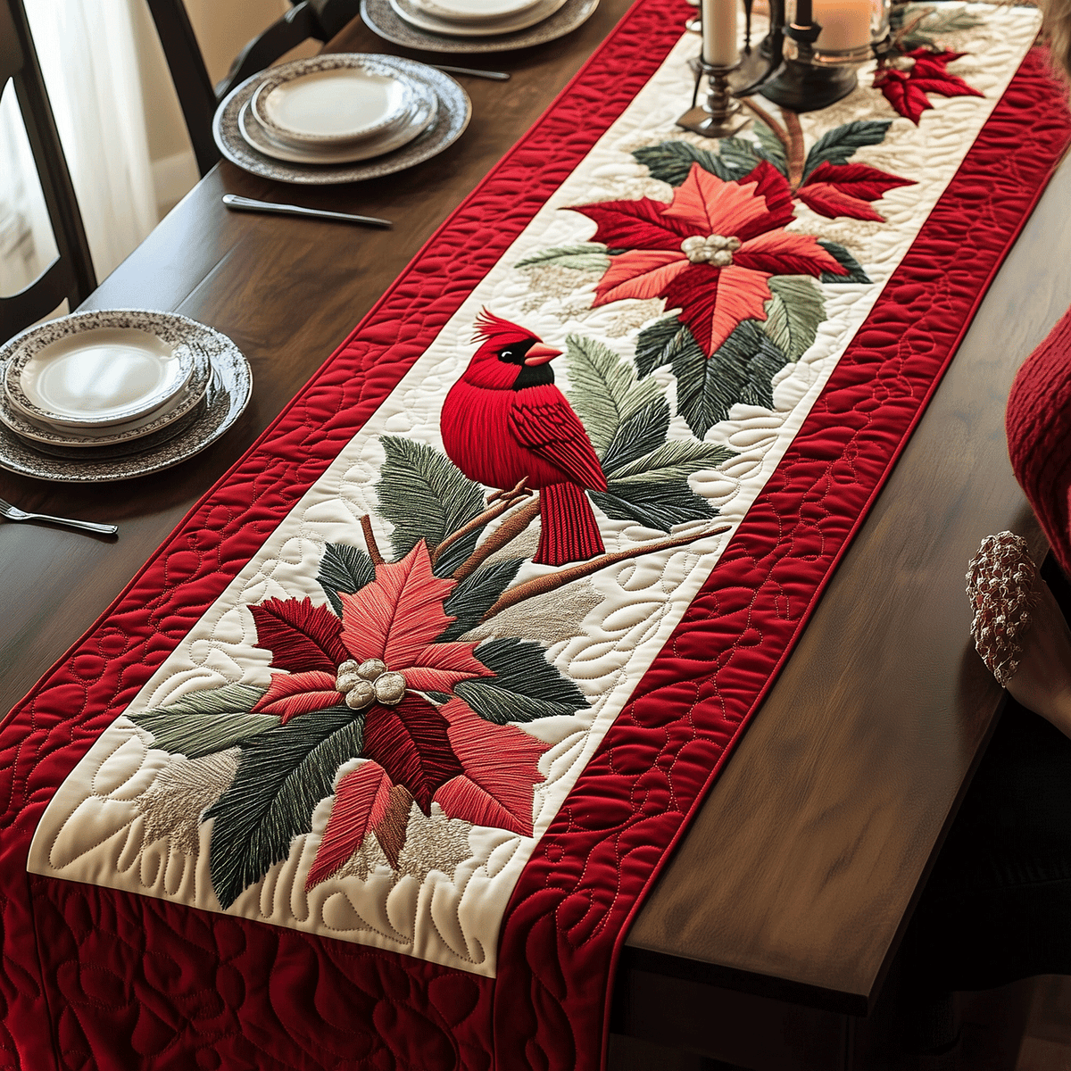 Cardinal and Poinsettia quilted table runner – cardinal among poinsettias