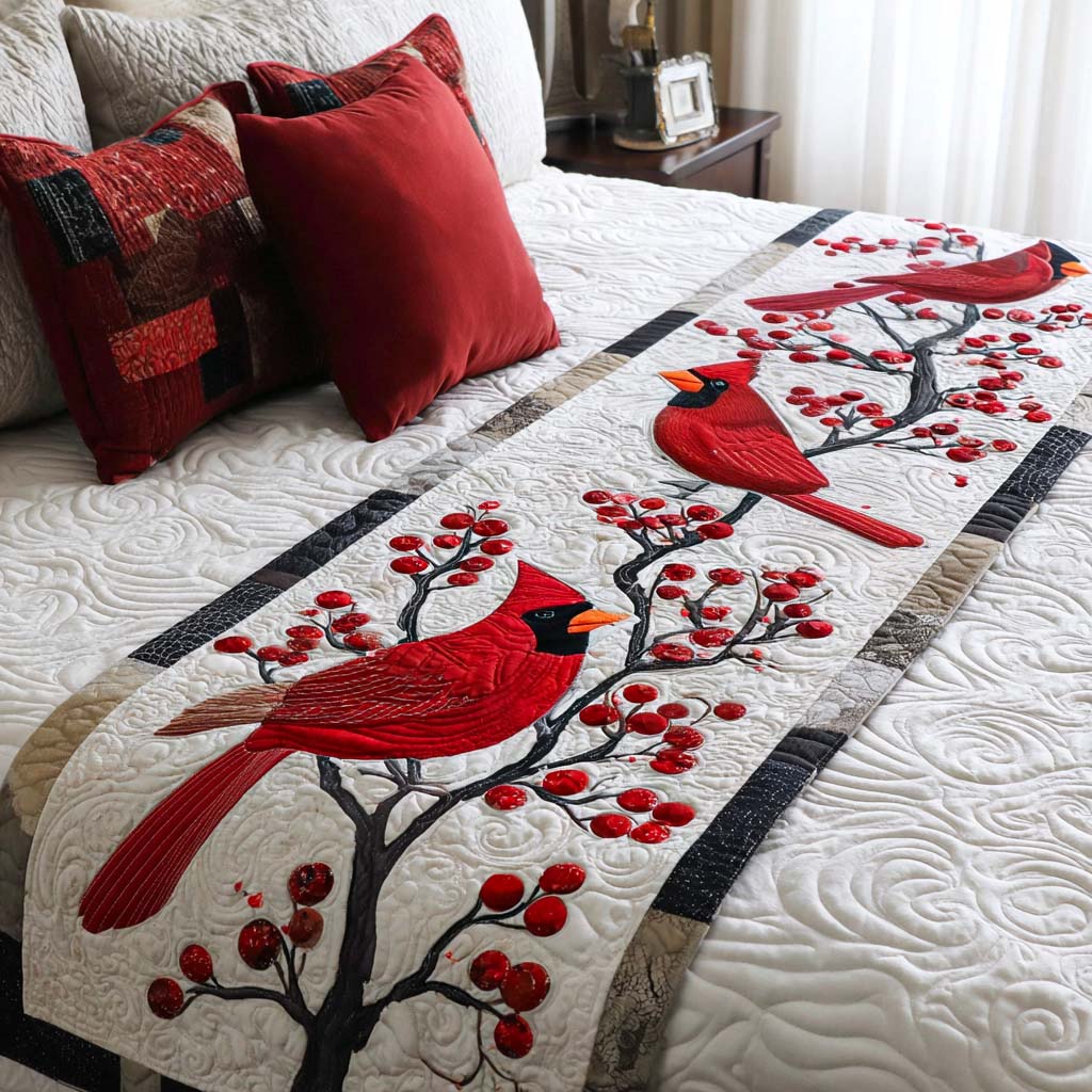 Cardinals and Berries quilted bed runner – red cardinals on berry branches