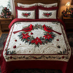 Cardinal Wreath quilted bedspread set – cardinals on a poinsettia wreath