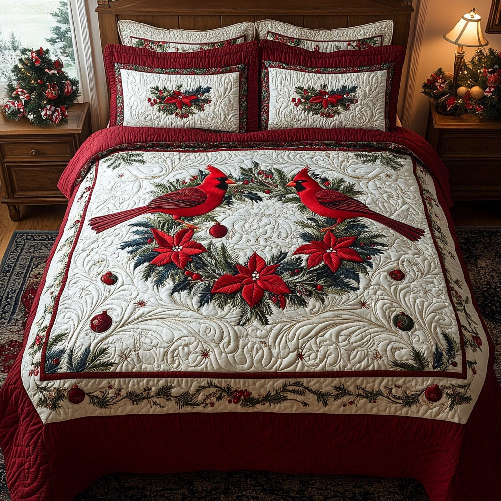 Cardinal Wreath quilted bedspread set – cardinals on a poinsettia wreath