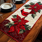Cardinal on Red quilted table runner – cardinal with poinsettias on red