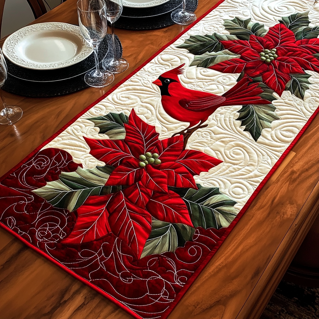 Cardinal on Red quilted table runner – cardinal with poinsettias on red