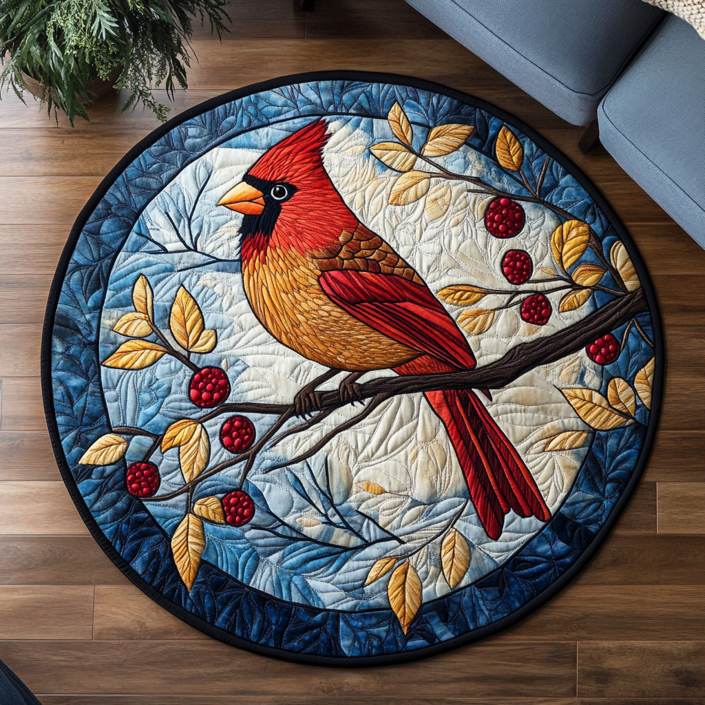Cardinal Grace round quilted mat – cardinal on a branch