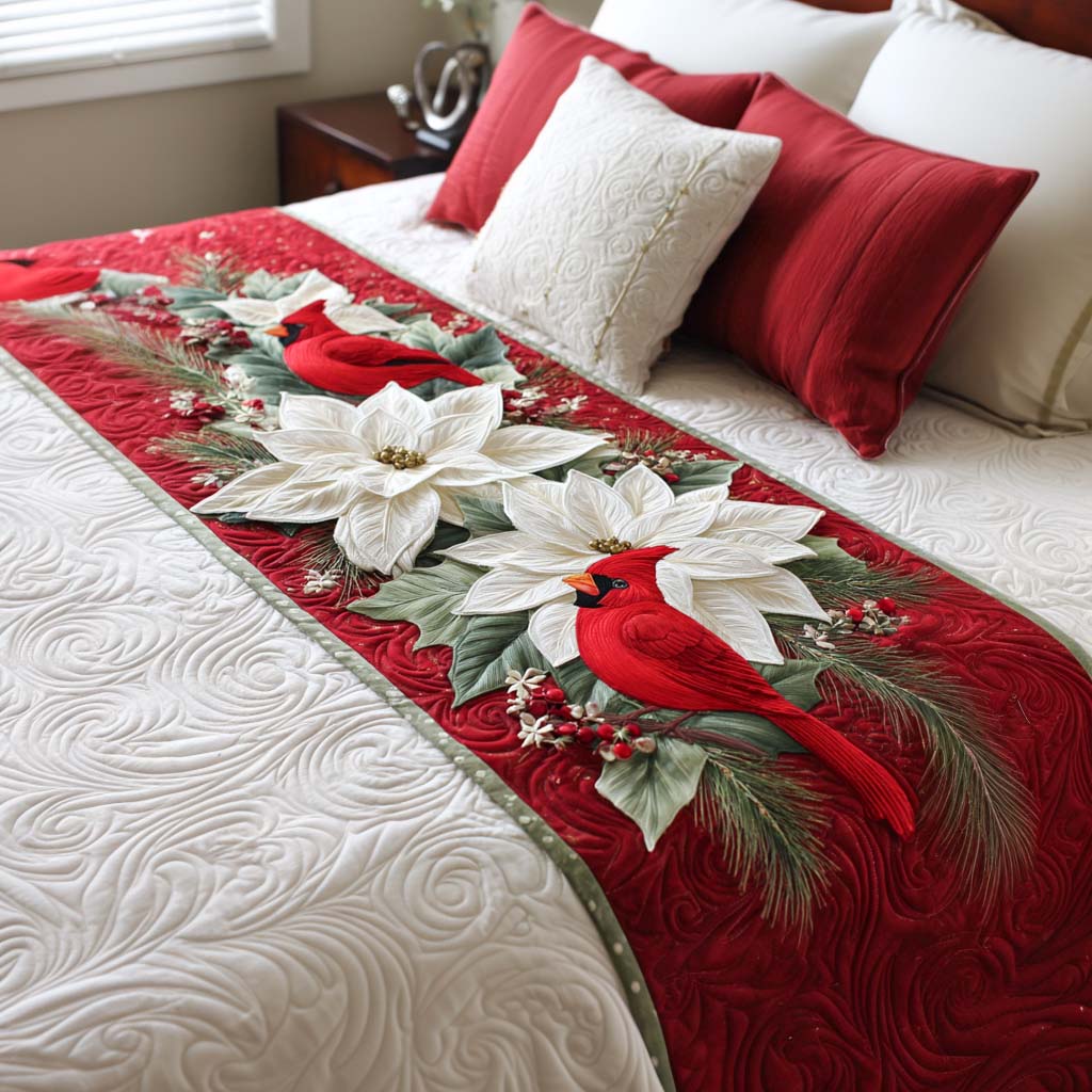Cardinal and Poinsettias quilted bed runner – red cardinal among white poinsettias