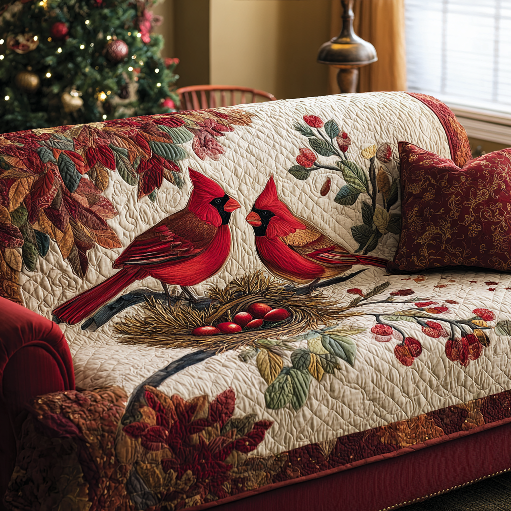 Cardinal Holly Branch quilted sofa cover – cardinals on a holly branch