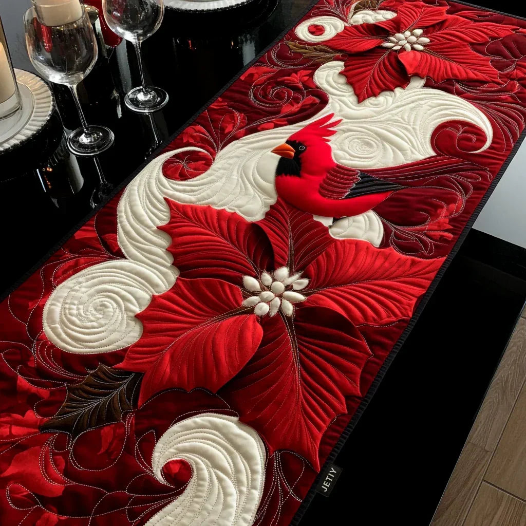 Quilted table runner with a Cardinal Birds design of bright red cardinals on snow-dusted branches with berry sprigs on soft winter white