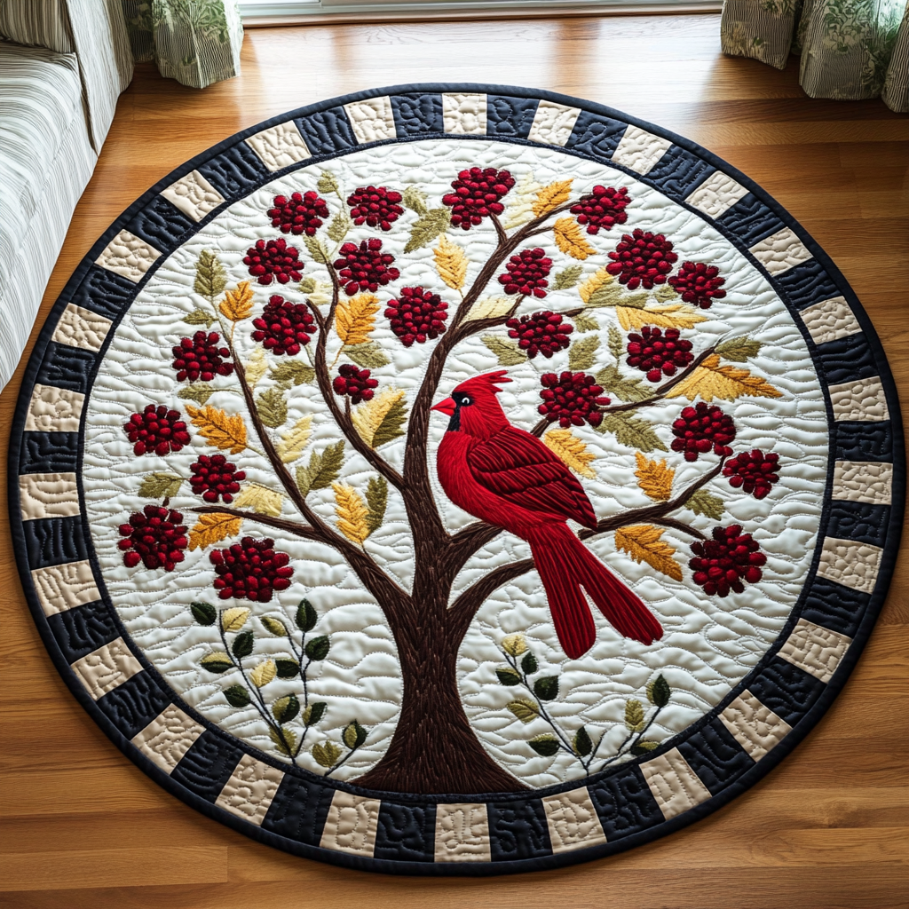 Cardinal Whisper Tree round quilted mat – cardinal in a tree