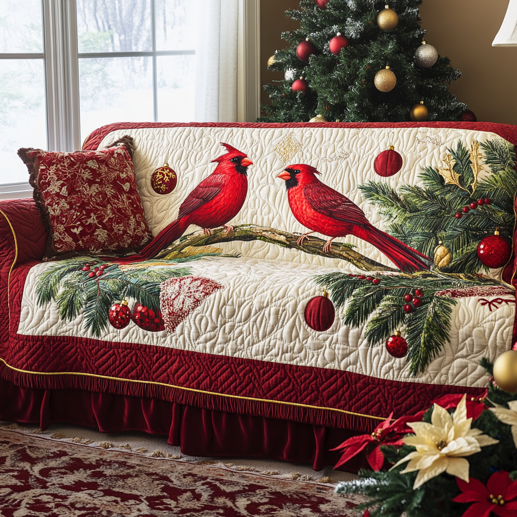 Cardinal Baubles quilted sofa cover – cardinals on a bauble branch