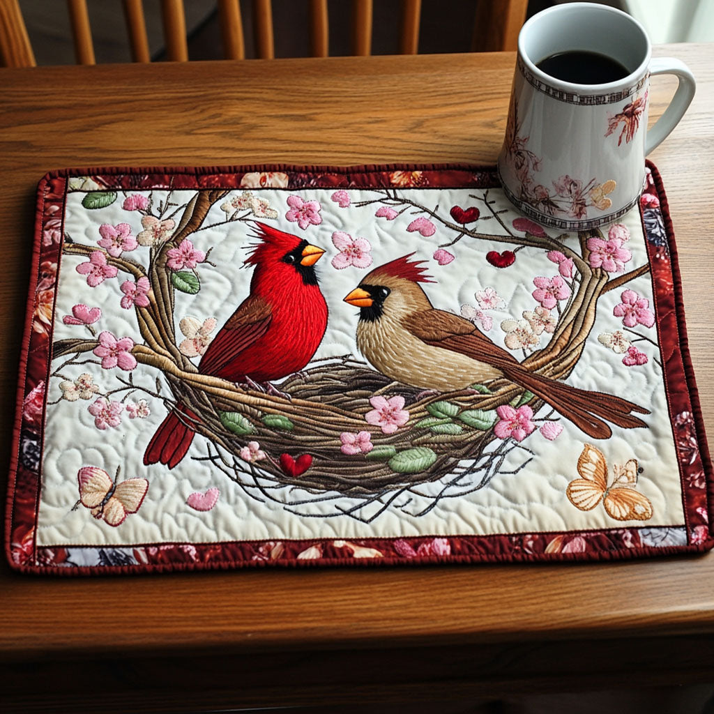 Cardinals in Bloom quilted placemats – cardinals in a blossom nest
