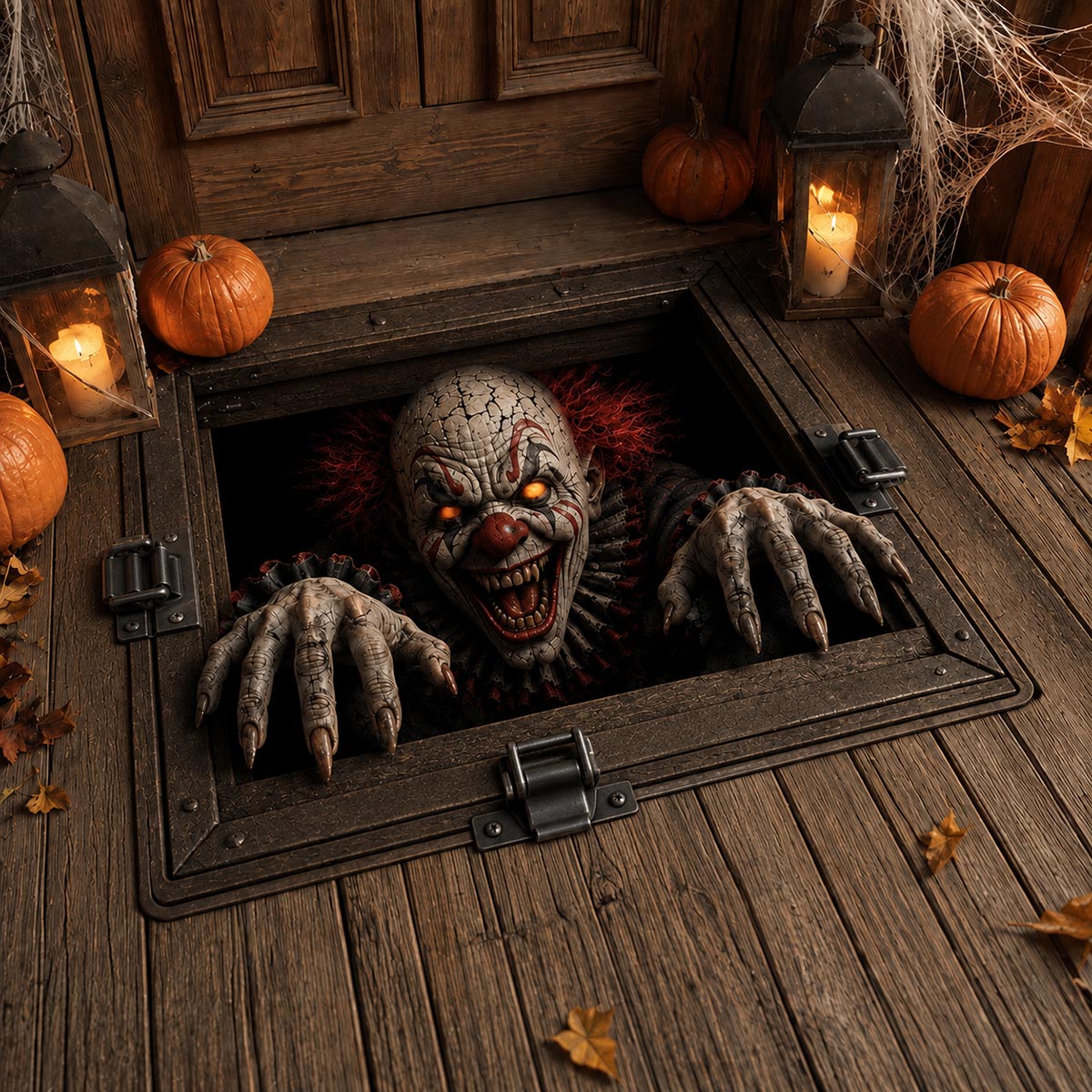 Carnival Nightmare shaped doormat – clown in trapdoor