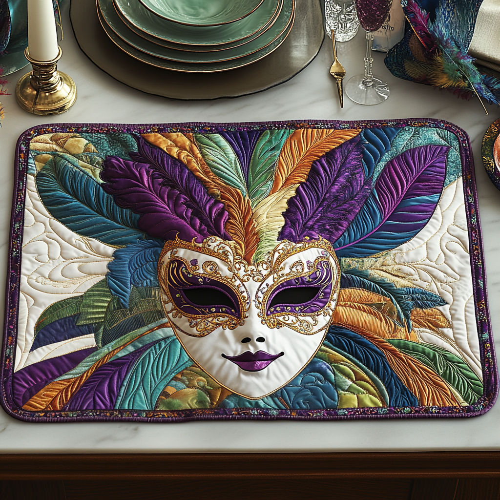 Carnival Charm quilted placemats – feathered masquerade mask