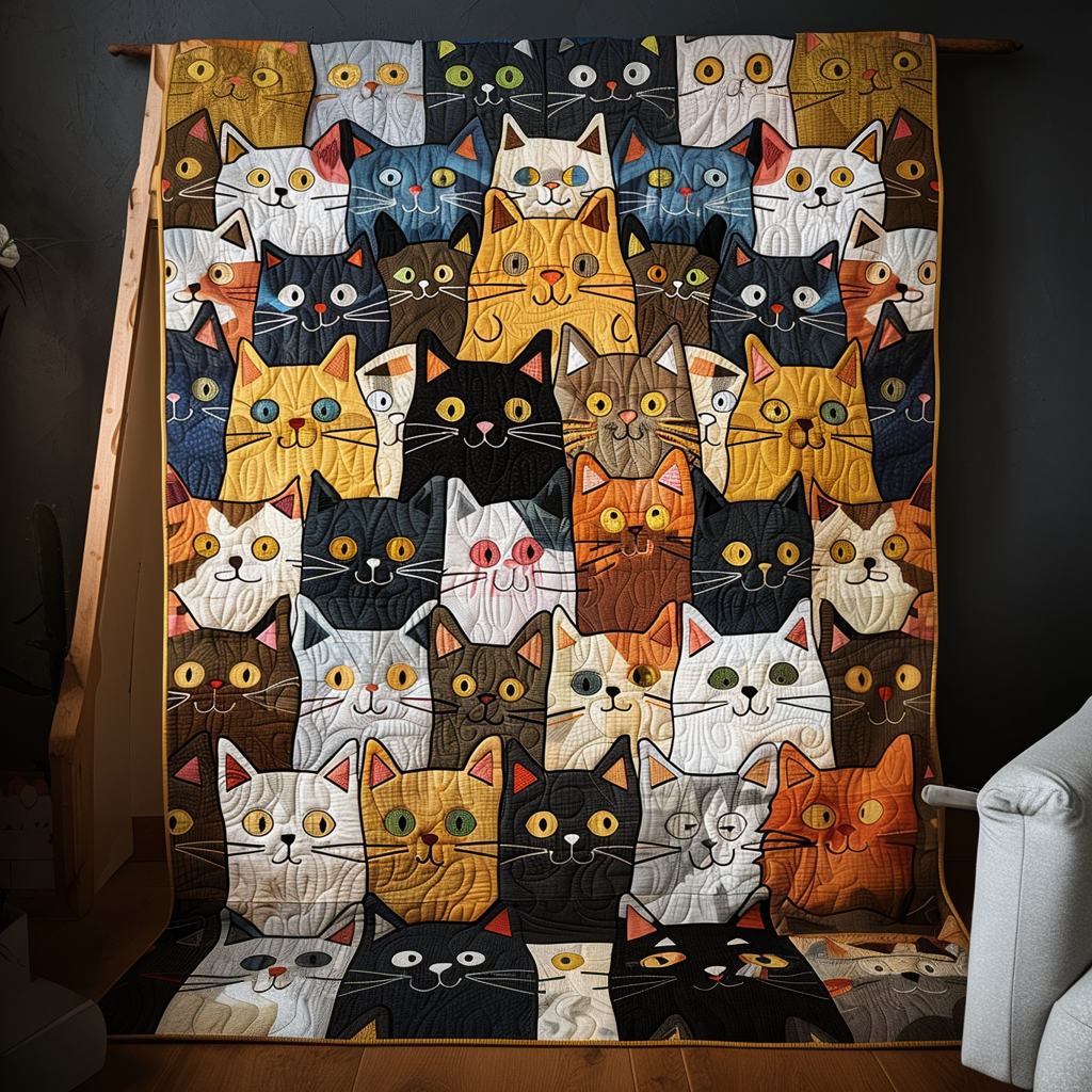 Cat Crowd quilted throw – rows of cats in every colour