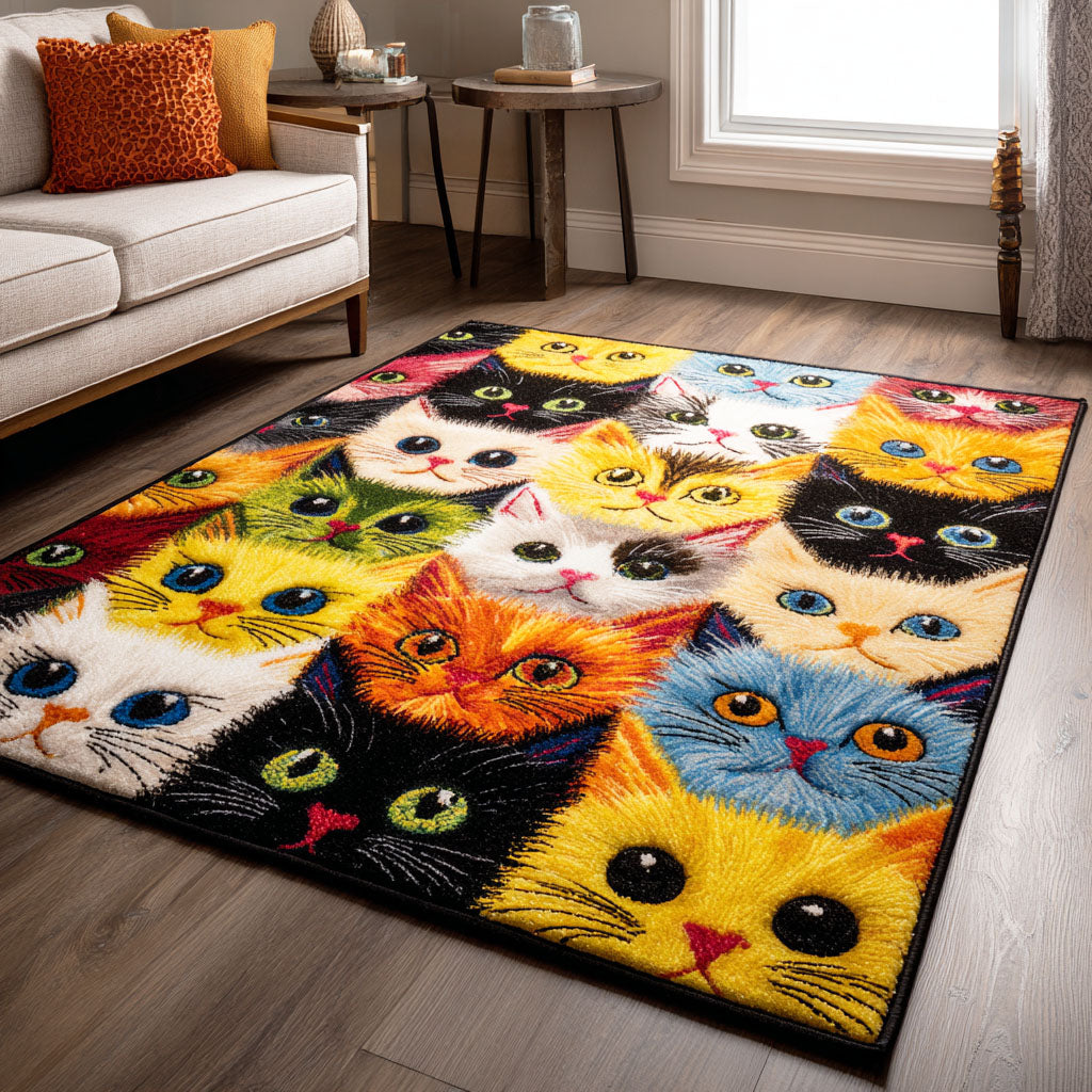 Cat Daydream rug – colourful cat faces