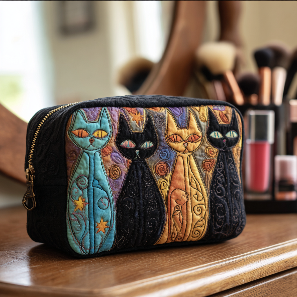 Cat Dreams quilted make-up bag with four tall folk-art cats in blue, black and gold on black