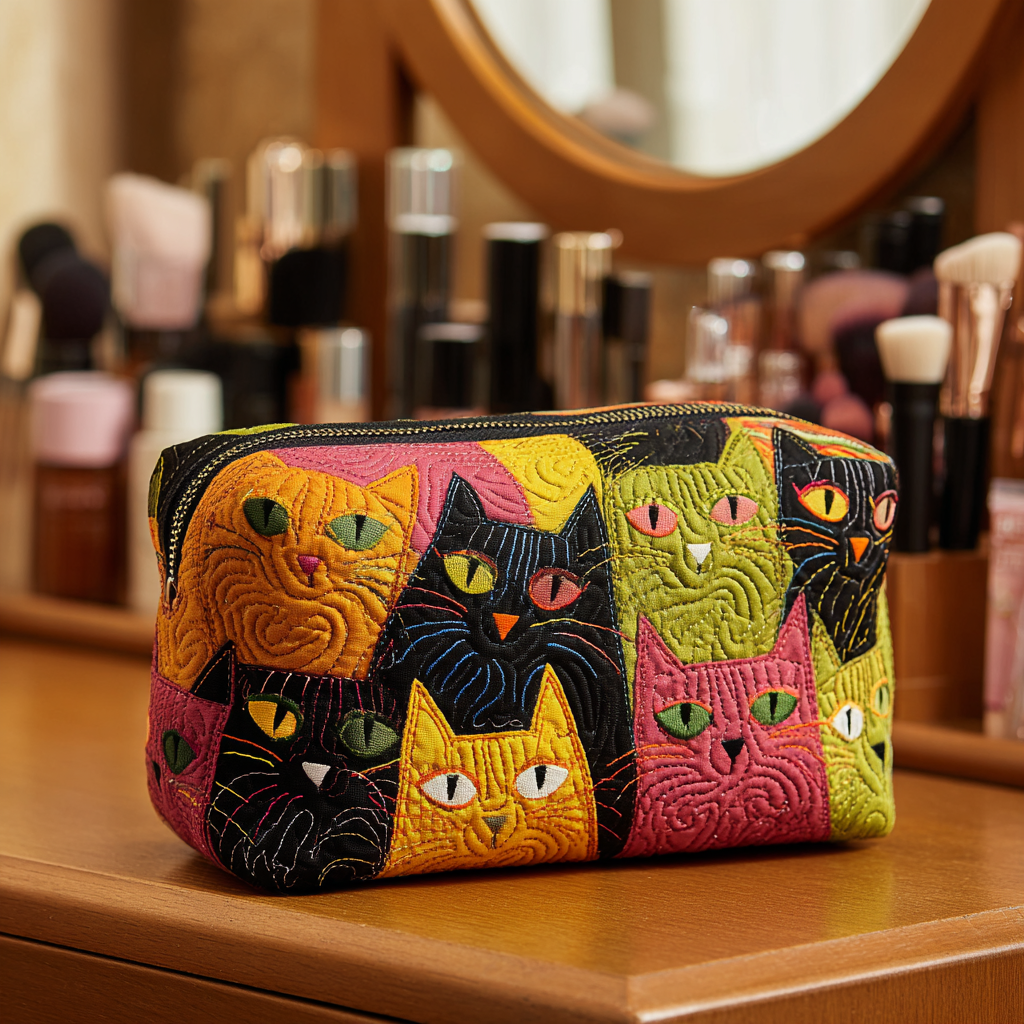 Quilted make-up bag with the Cat Garden design of cats sitting and stretching among leafy garden flowers on padded quilting