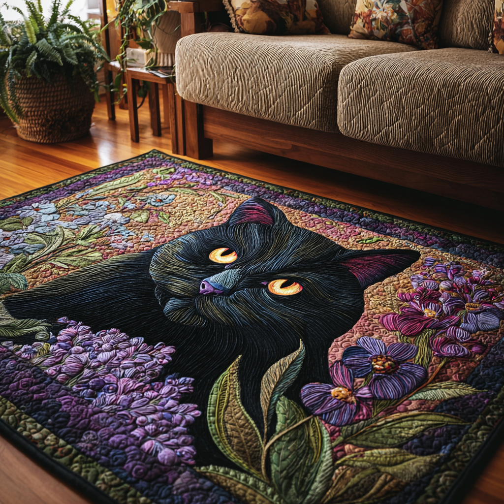 Cat Gaze rug – black cat and purple flowers