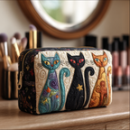 Cat Glow quilted make-up bag with tall folk-art cats in teal, black and orange on cream with little stars