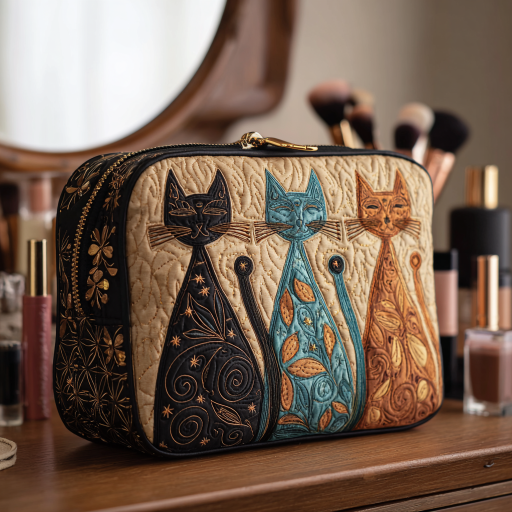 Cat Harmony quilted make-up bag with row of tall stylised cats in black, teal and orange on cream