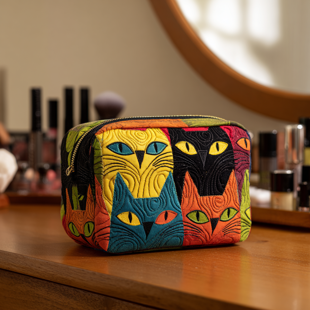 Cat Magic quilted make-up bag with bright cat faces in yellow, green and orange patchwork blocks