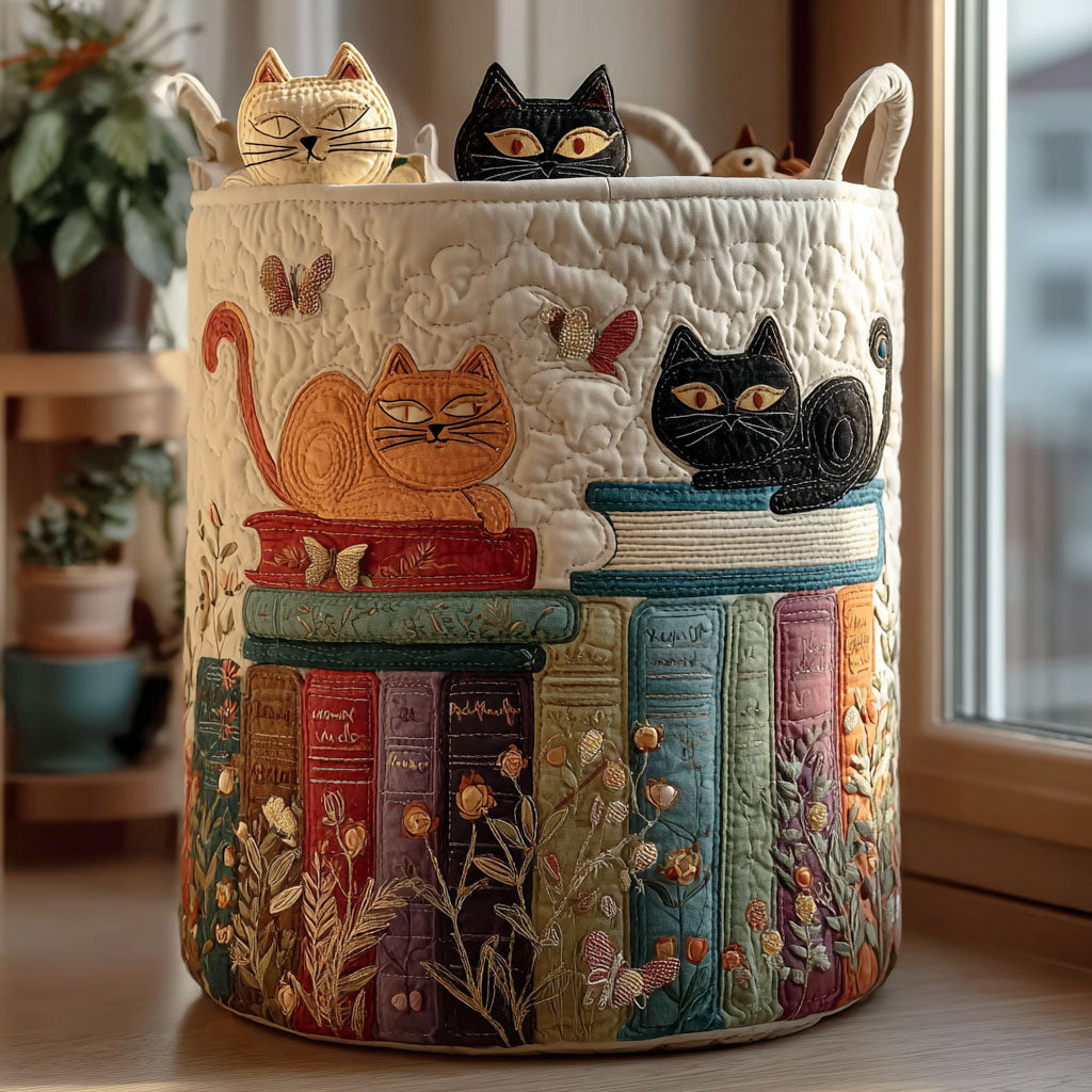 Quilted laundry basket with a nose-to-tail parade of colourful cats in the Cat Parade design