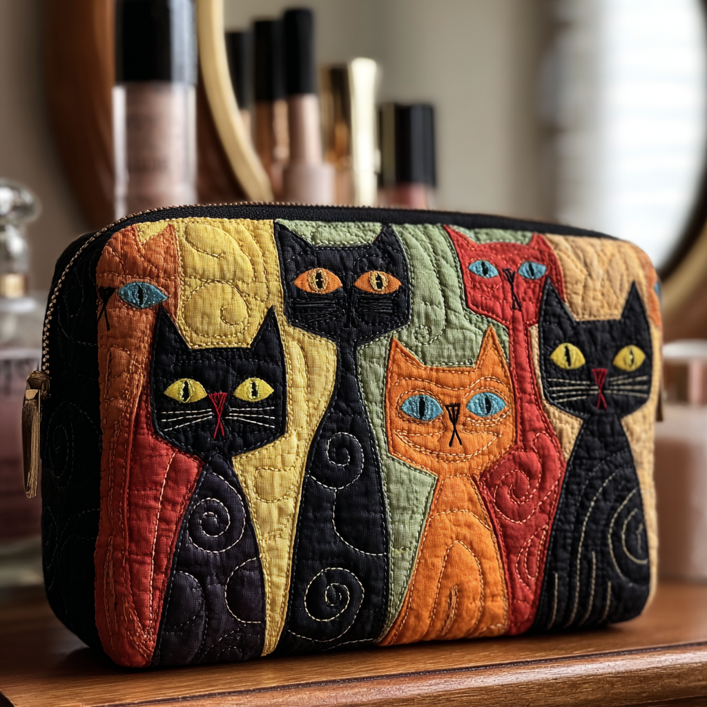 Cat Spirit quilted make-up bag with tall cats in black, ginger and grey on golden swirls