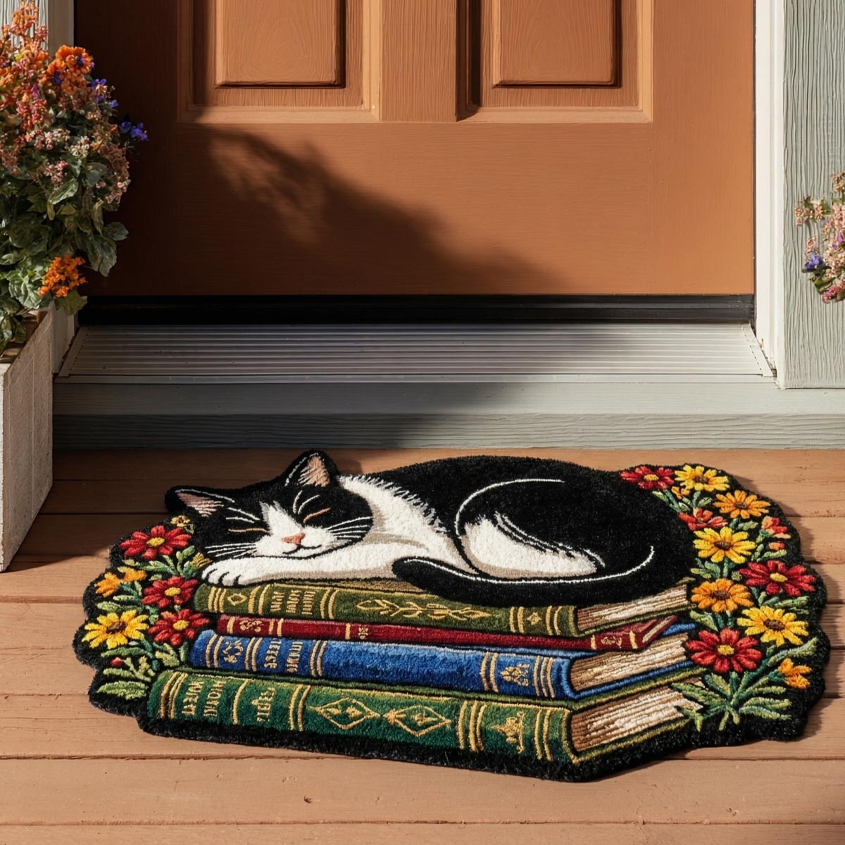 Book Nook Cat shaped doormat – cat on books