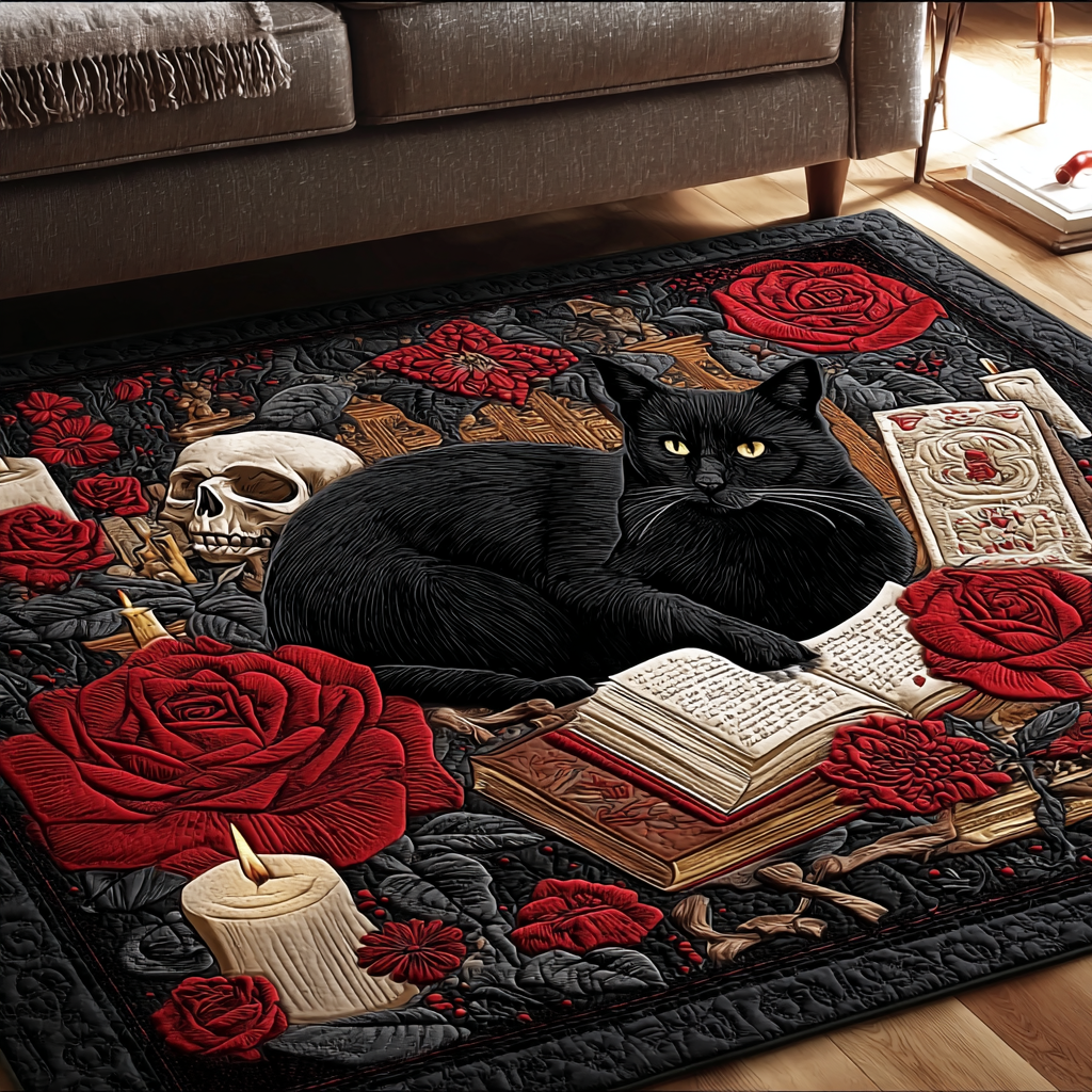 Cat Whisper rug – black cat and roses